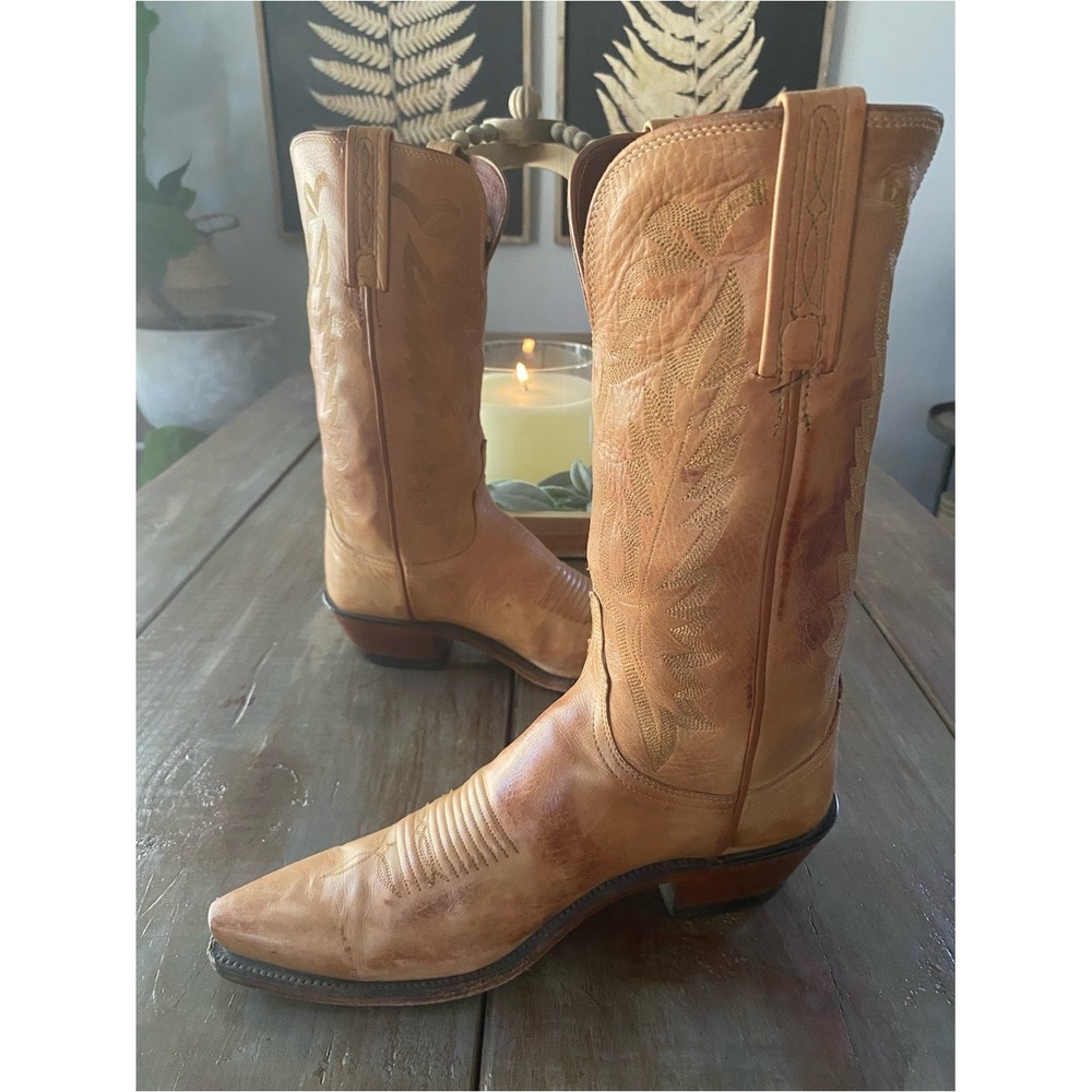 Lucchese Savannah Mad Dog Goat Leather SnipToe Western Cowboy Boots Womens 9 Tan - Picture 3 of 13